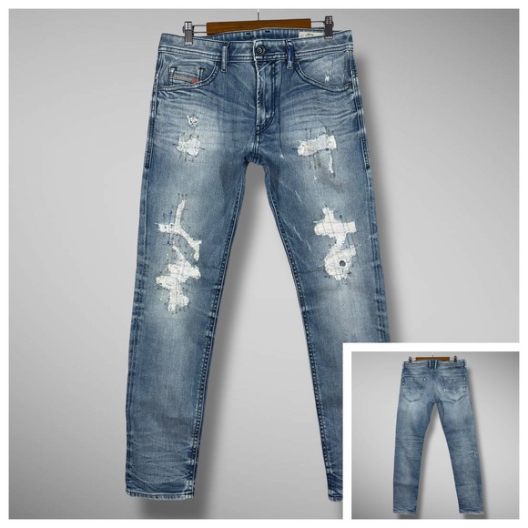 Diesel Thommer‎ Slim Skinny Jeans 31x32 Rare Multicolor Stitch Distressed Patch - Picture 1 of 16